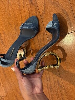 Dolce & Gabbana Denim Open-Toe Heels with Gold Sculpted Arch Heel